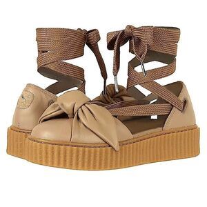 Fenty X Puma Rihanna Bow Creeper Ankle Laced Tan Leather Platform Sandals 7.5